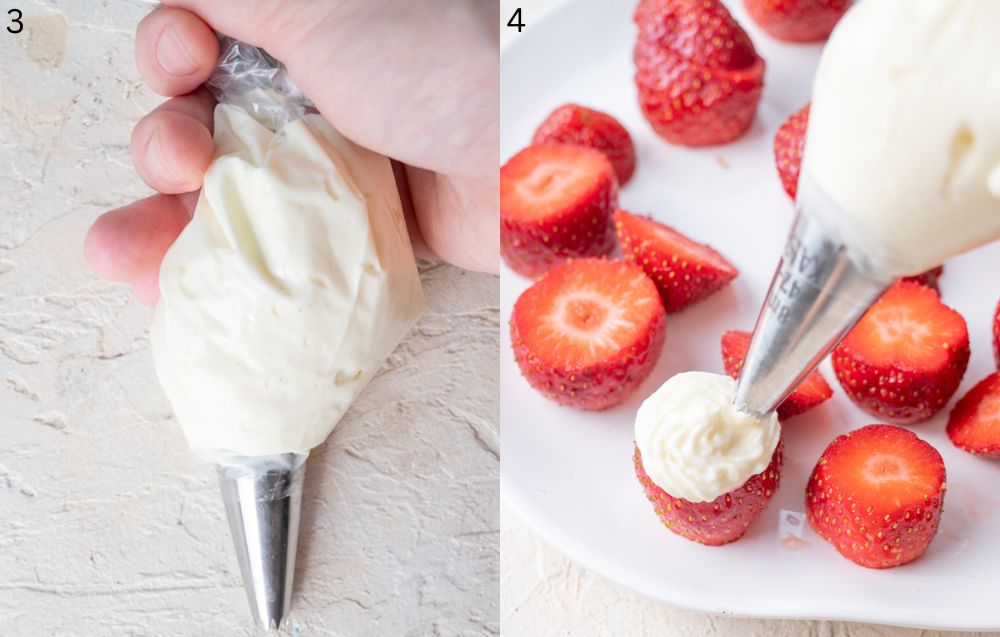 Cream cheese filling in a piping bag. Cream cheese filling is being piped onto strawberries.