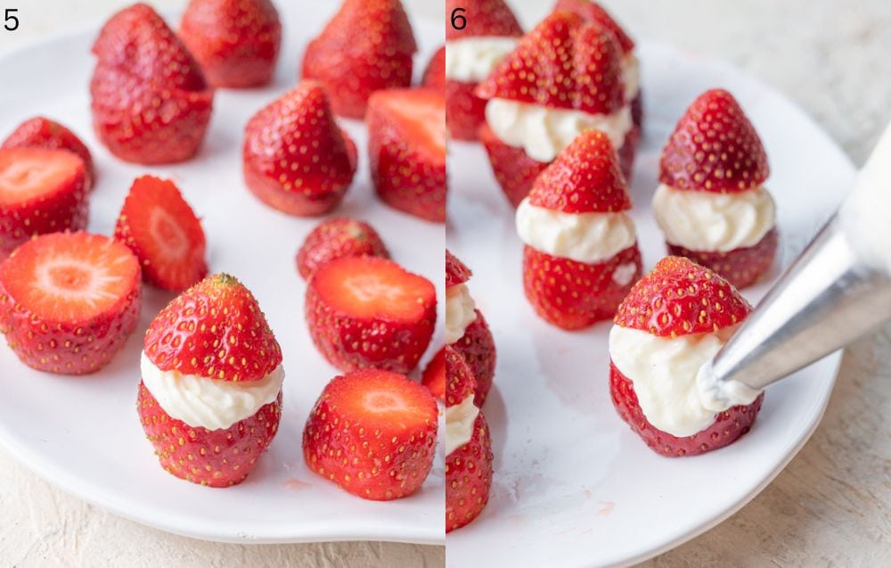 Cream cheese filling is piped onto santa strawberries.