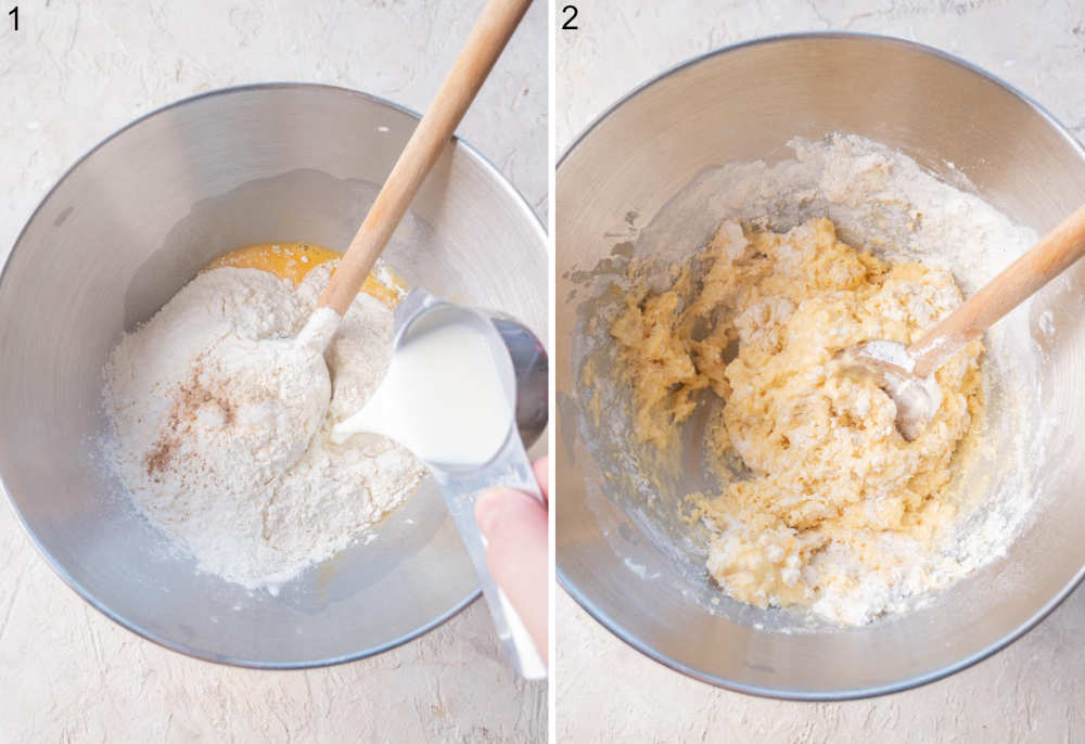 All ingredients for Spätzle in a mixing bowl.