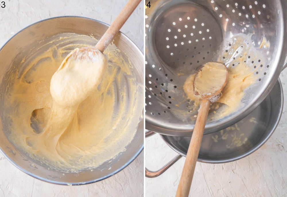 Spätzle dough in a bowl. Spätzle dough is being pushed with a spoon through a colander.