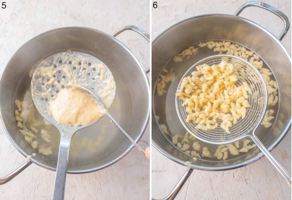 Spätzle dough is being pushed with a spoon through a slotted spoon. Cooked Spätzle on a spider strainer.