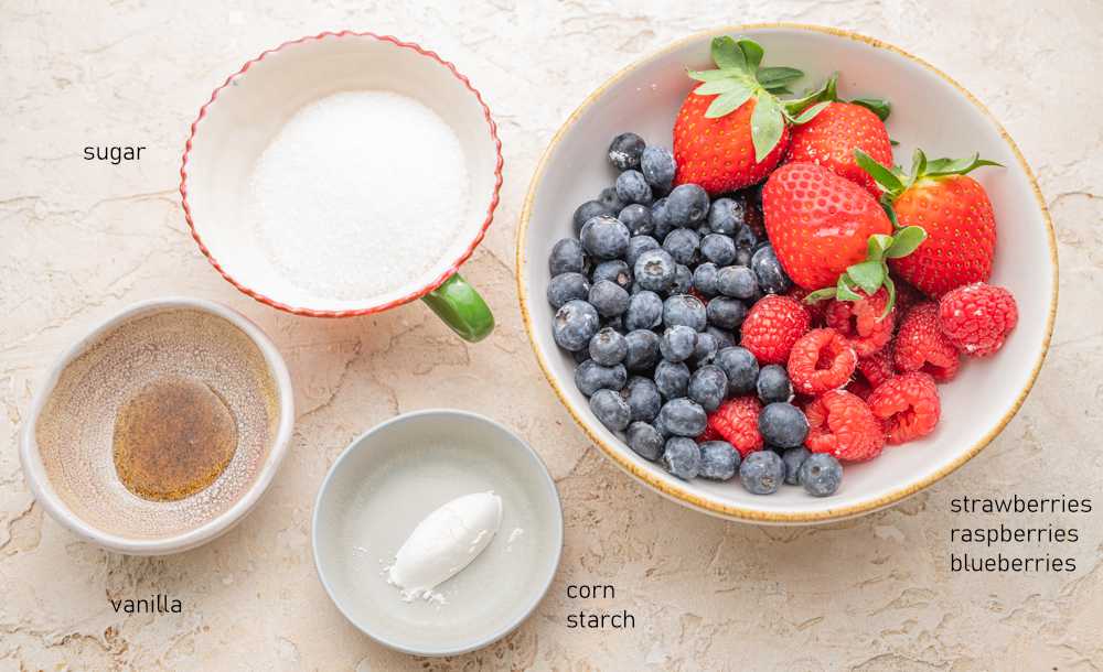 Labeled ingredients for berry compote.