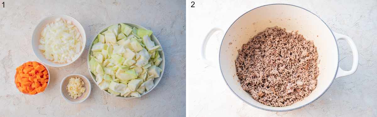 Chopped ingredients for cabbage roll soup. Browned ground meat in a pot.