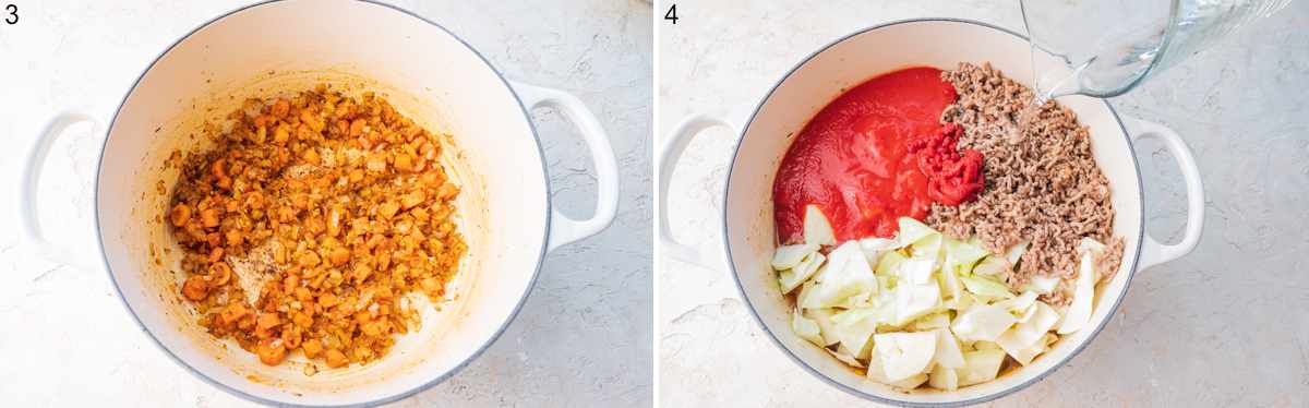 Sauteed vegetables in a pot. Water is being added to a pot with cabbage, meat and tomato passata.