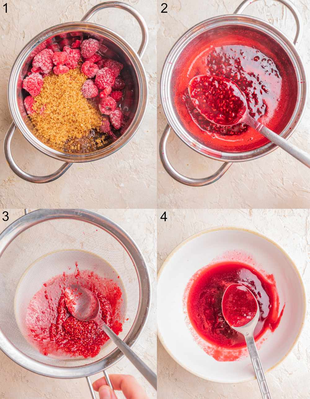 A collage of 4 photos showing how to prepare raspberry syrup.
