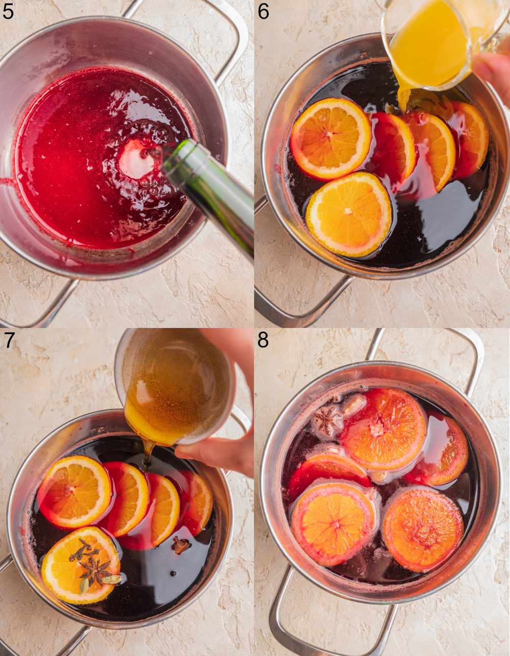 A collage of 4 photos showing how to prepare Polish mulled wine step by step.