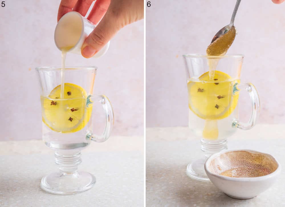 Lemon juice and honey are being added to a glass.
