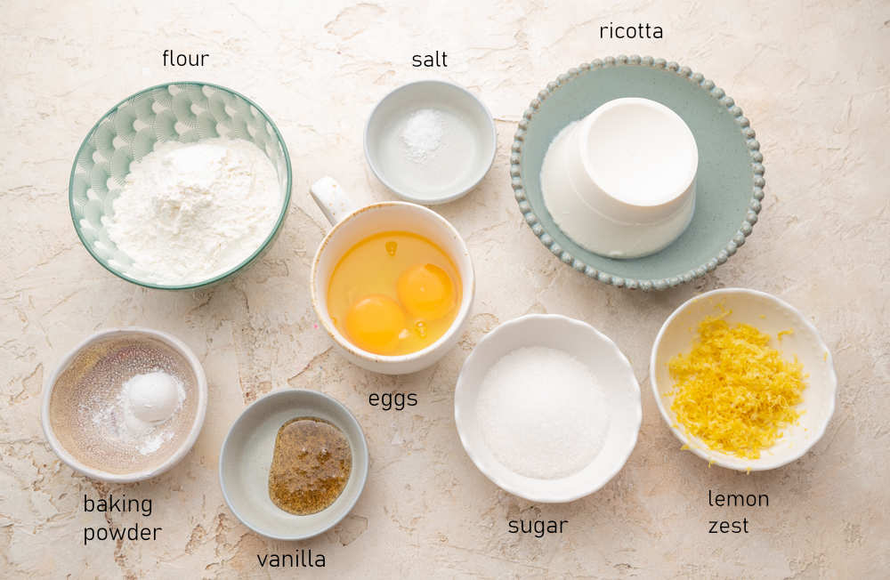 Labeled ingredients for ricotta doughnuts.