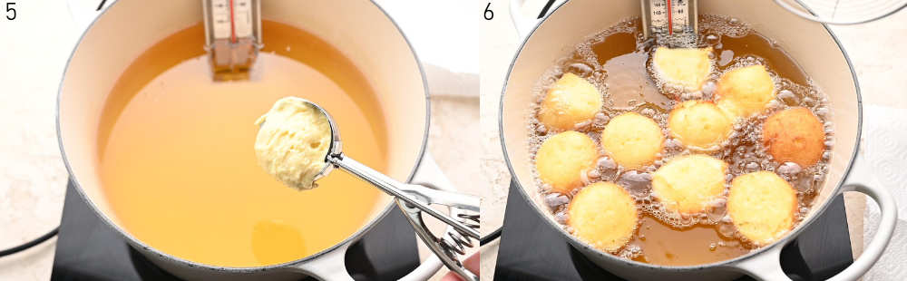Ricotta doughnuts are being fried in oil.