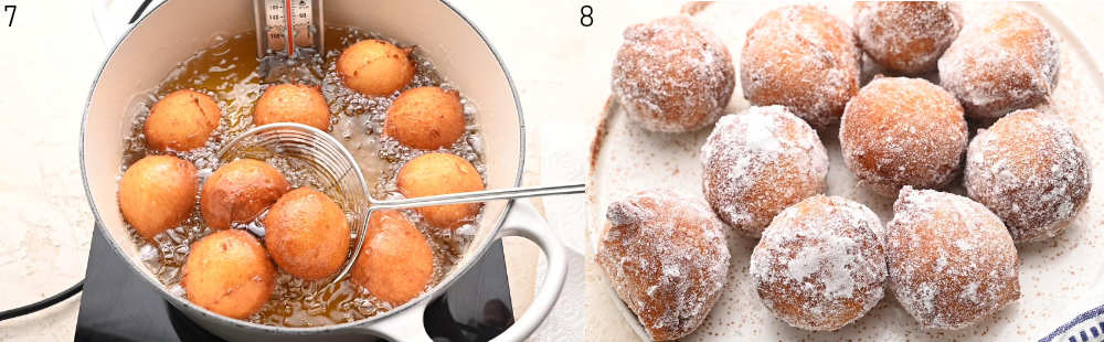 Ricotta doughnuts are being taken out of a pot with a spider strainer. Ricotta doughnuts coated in powdered sugar on a white plate.