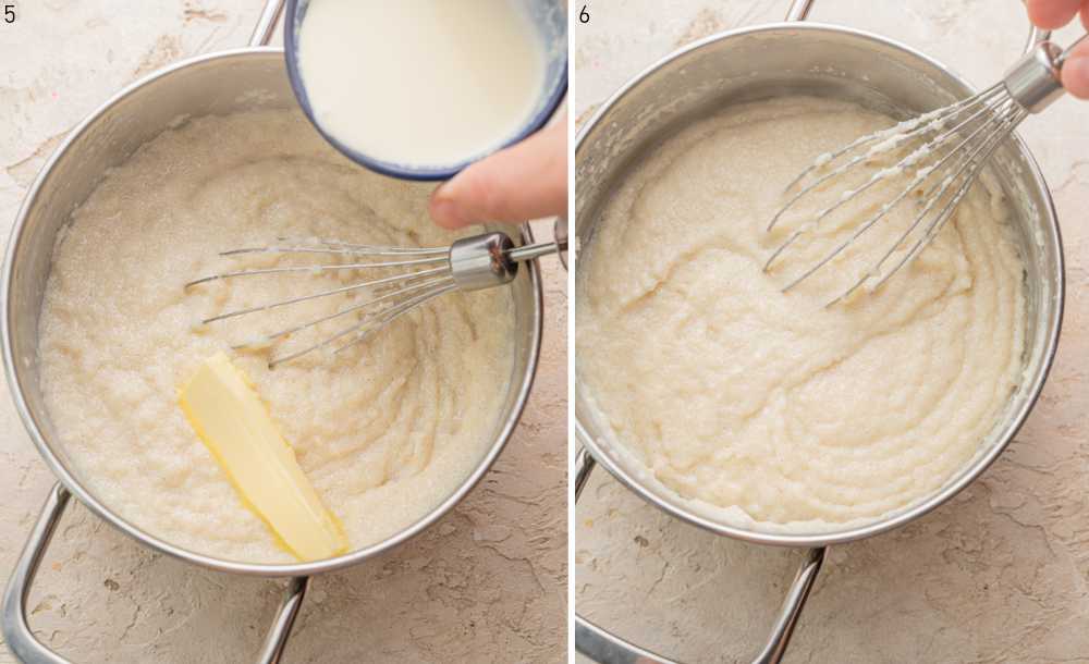 Heavy cream and butter are being added to a pot with semolina pudding.