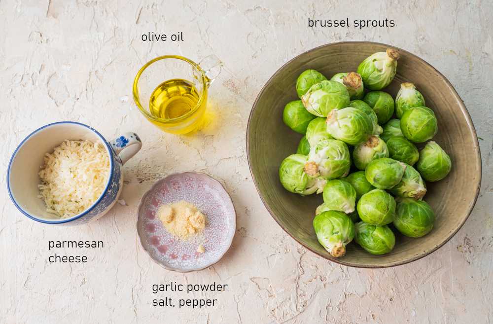Labeled ingredients for smashed brussel sprouts.