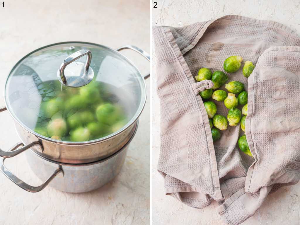 Brussel sprouts are being steamed in a pot. Brussel sprouts wrapped in grey kitchen towel.