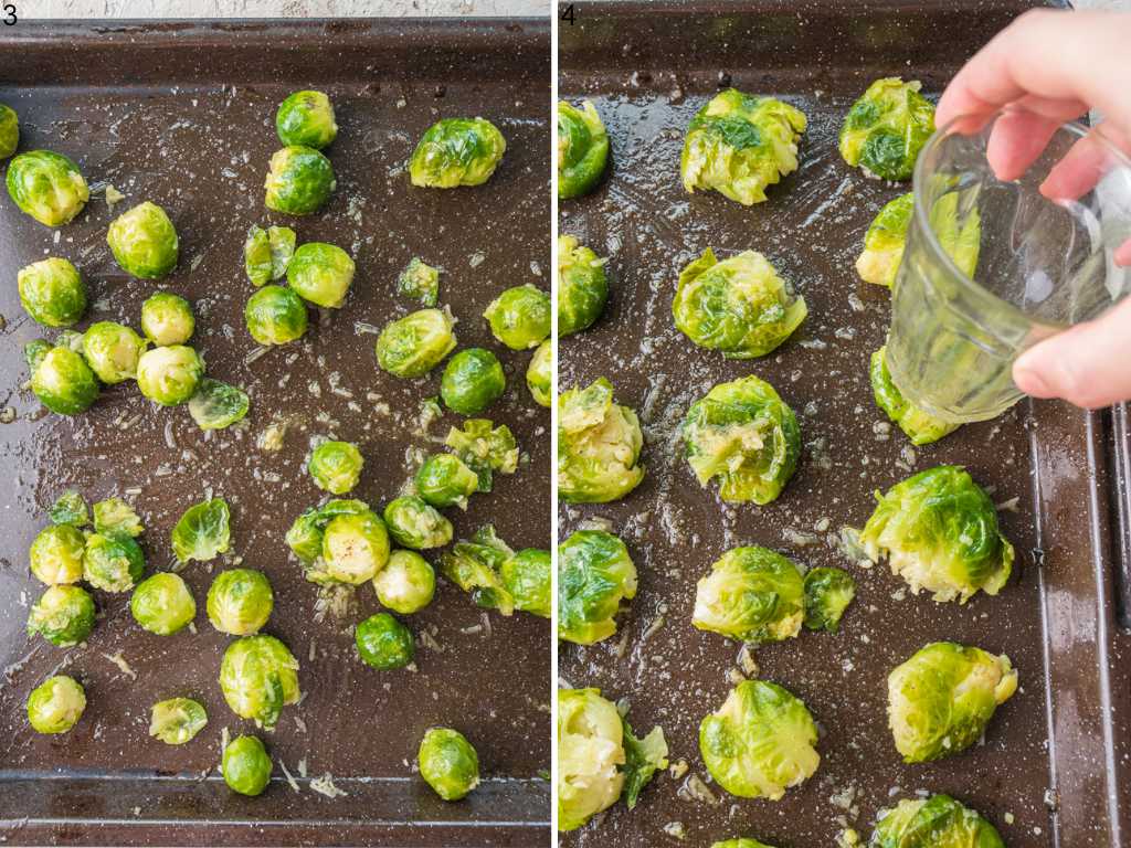 Brussel sprouts on a baking sheet. Cooked brussel sprouts are being smashed with a glass.