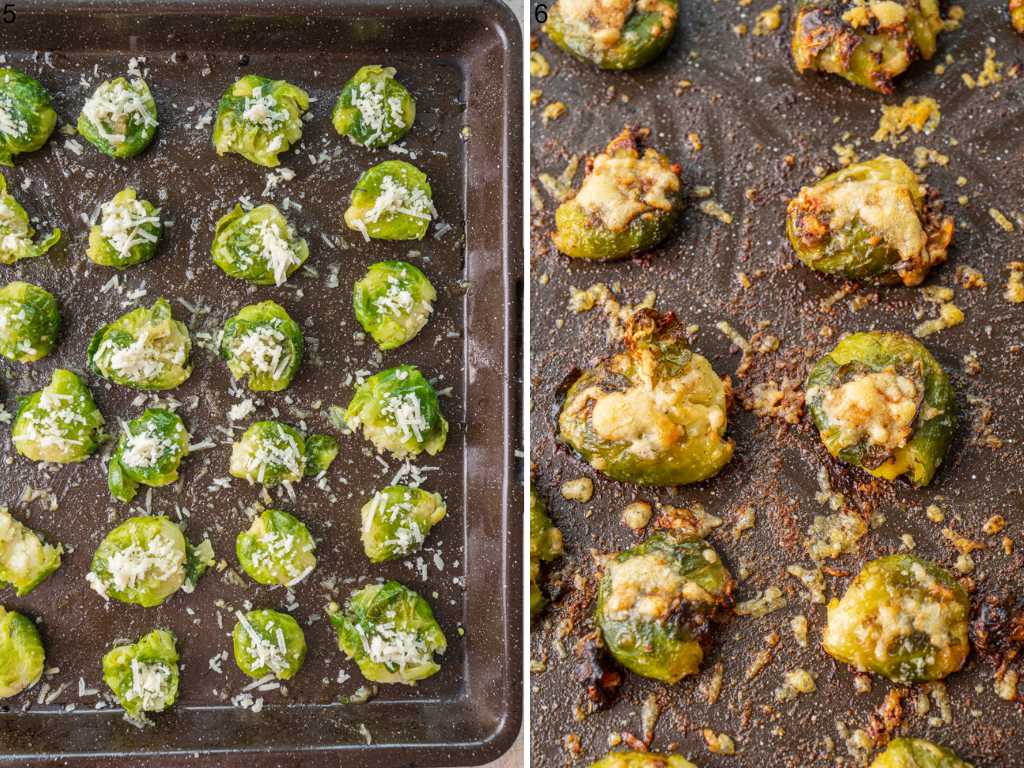 Smashed brussel sprouts ready to be baked. Baked smashed brussel sprouts on a baking tray.