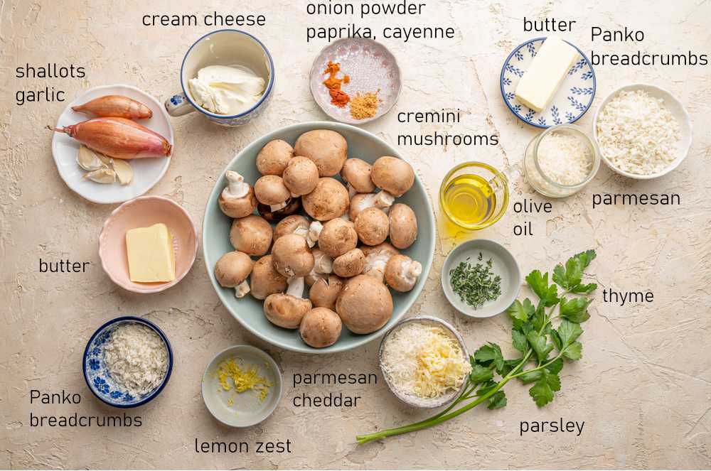 Labeled ingredients needed to prepare stuffed mushrooms.