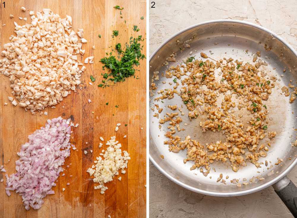 Chopped ingredients on a wooden board. Sauteed mushroom stems, onions, and garlic in a pan.