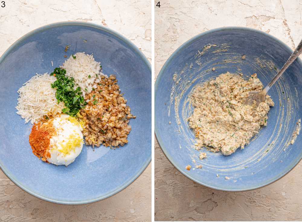 Filling for stuffed mushrooms in a blue bowl.