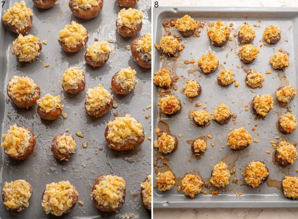 Ready to bake and baked mushrooms on a baking sheet.