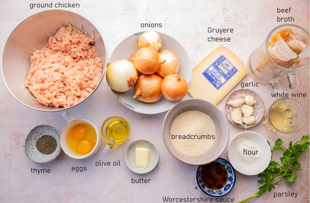 Labeled ingredients for French onion meatballs.