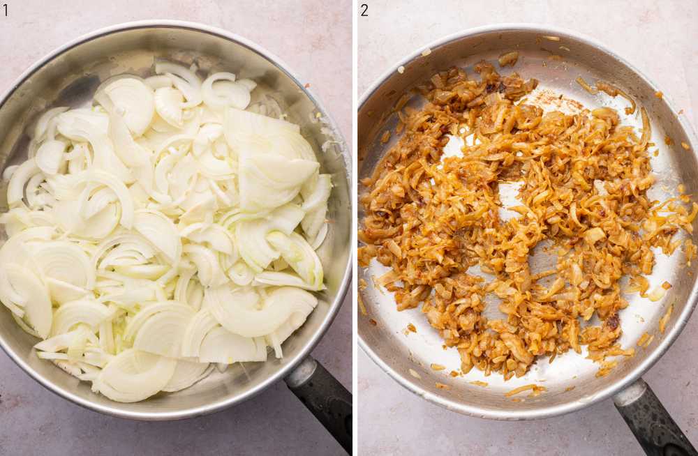 Sliced onions in a pan. Caramelized onions in a pan.