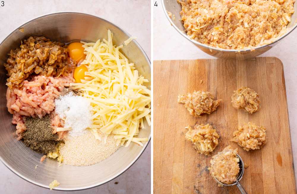 Ingredients for meatballs in a bowl. Meat balls are being scooped with an ice cream scoop.