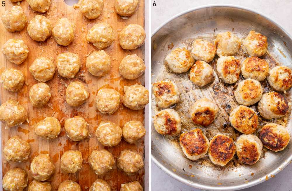 Meatballs on a wooden board. Meatballs are being cooked in a pan.