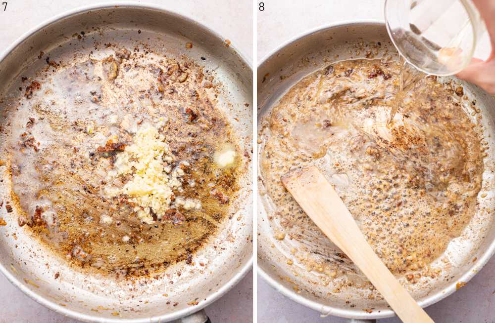 Garlic and butter in a pan. Wine is being added to a pan.