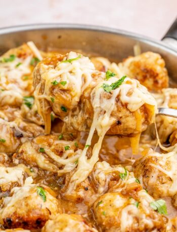 French onion meatballs in a pan.