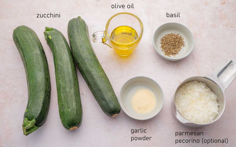 Labeled ingredients for baked zucchini.