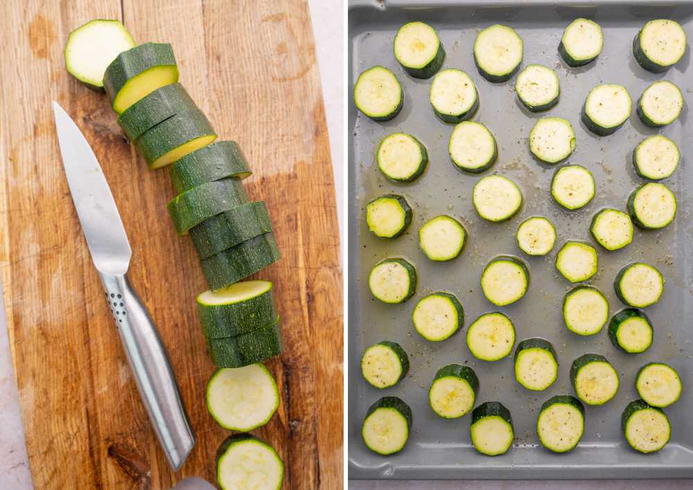 Sliced zucchini on a wooden board and on a baking sheet.