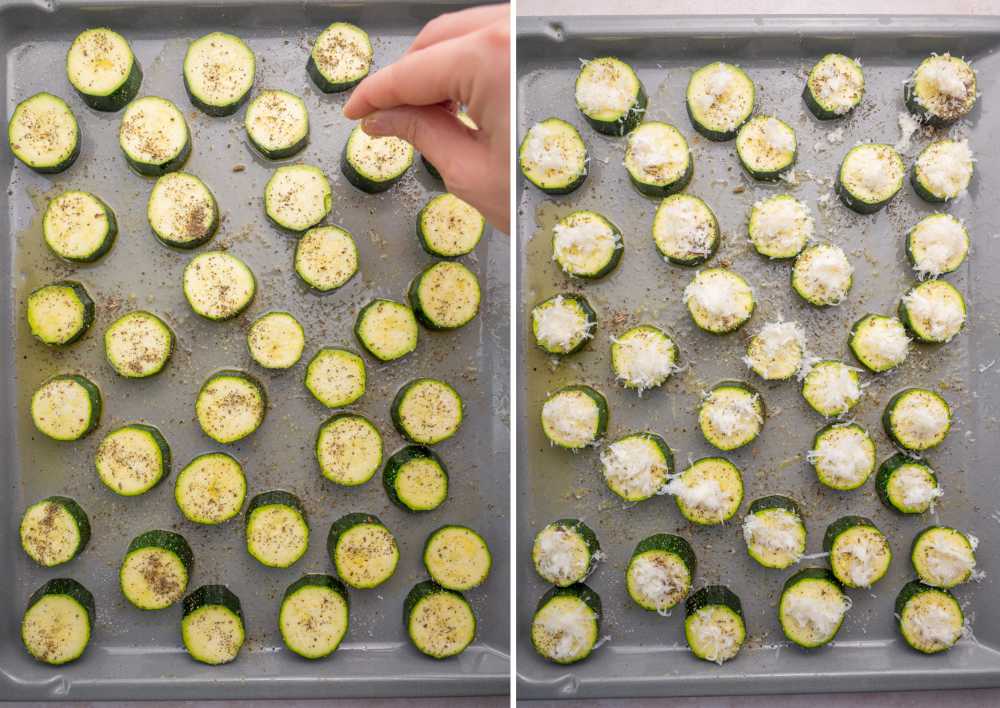 Zucchini slices on a baking sheet are being sprinkled with spices and cheese.