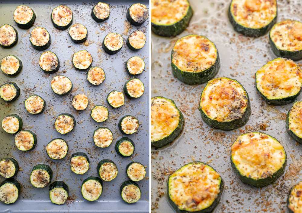 Baked zucchini on a baking sheet.