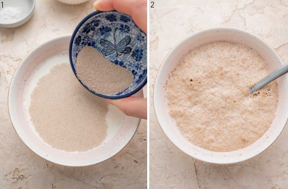 Yeast is being added to milk. Proofed yeast in a bowl.