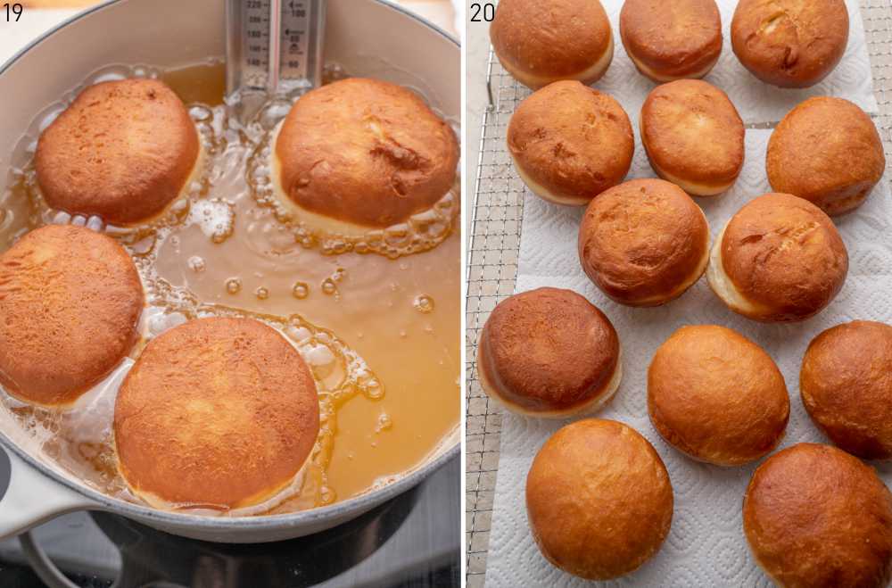 Doughnuts are being fried in oil in a pot. Doughnuts on a cooling rack.