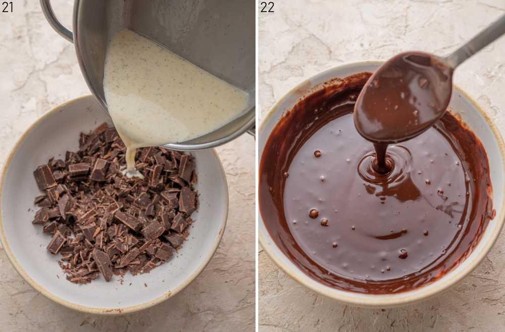 Hot cream is being added to chopped chocolate in a bowl. Chocolate ganache in a bowl.
