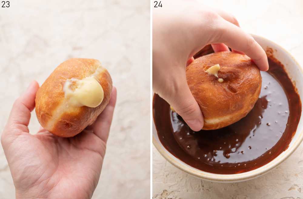 Doughnuts filled with vanilla pastry cream are being dipped in chocolate ganache.