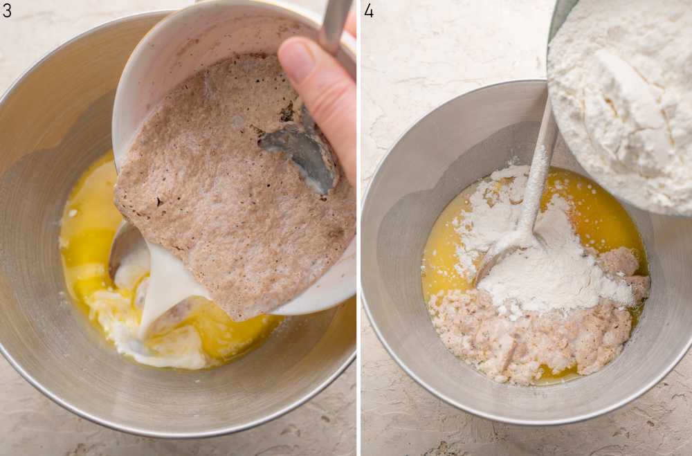 Proofed yeast is being added to a bowl. Flour is being added to a bowl.