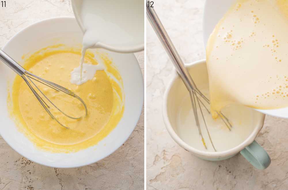 Milk is being added to egg yolk mixture in a bowl. Vanilla custard is being poured into a pot.