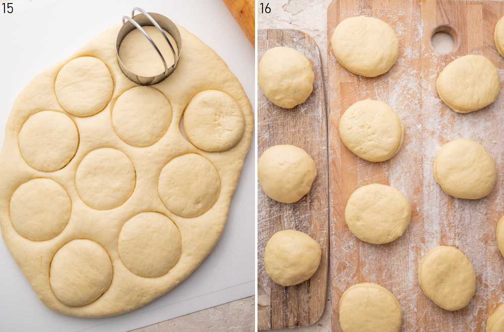 Rolled out doughnut dough. Doughnut dough rounds on a wooden board.