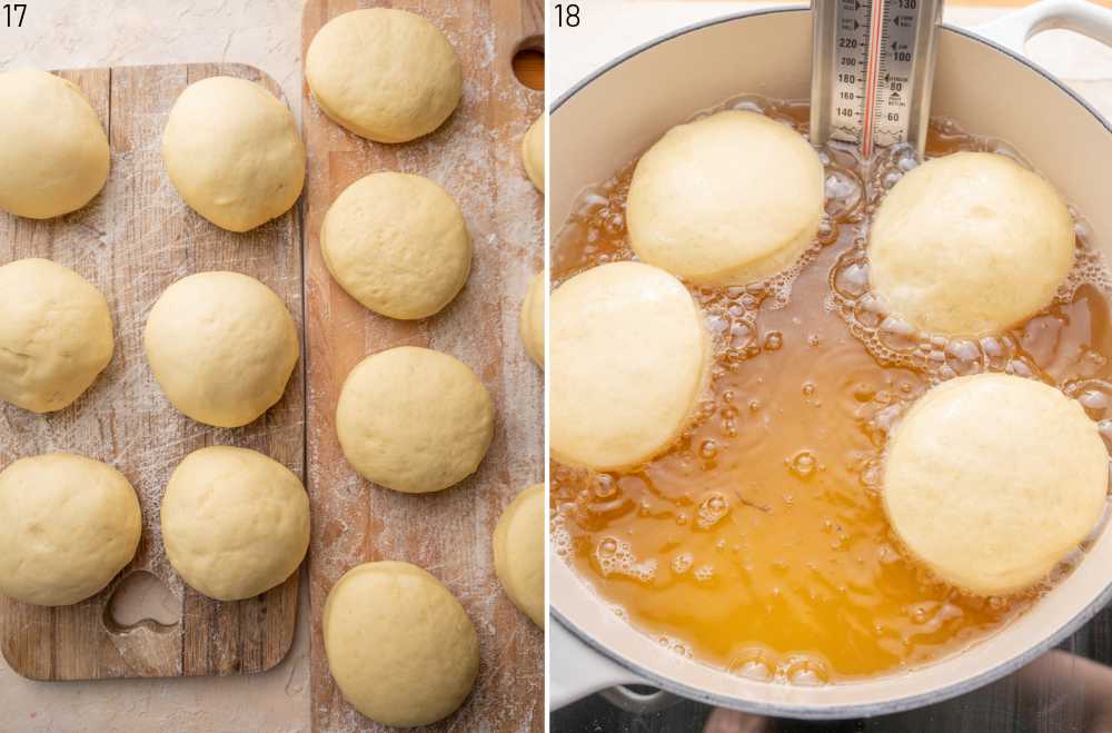 Proofed dough rounds on a wooden board. Doughnuts are being fried in oil in a pot.