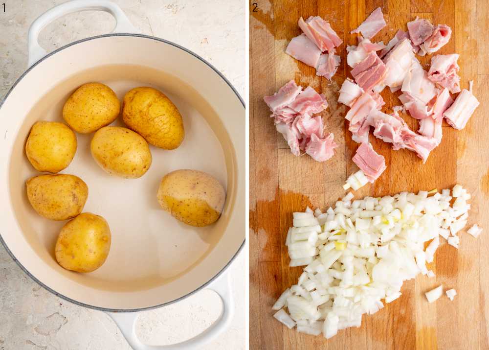 Potatoes in a pot. Chopped bacon and onions on a wooden board.