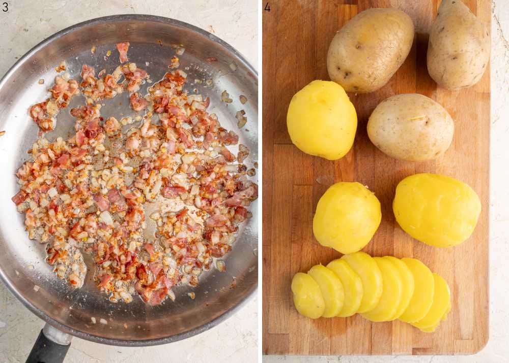 Sauteed bacon and onions. Cooked sliced potatoes on a chopping board.