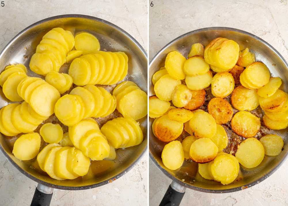 Sliced cooked potatoes in a pan.
