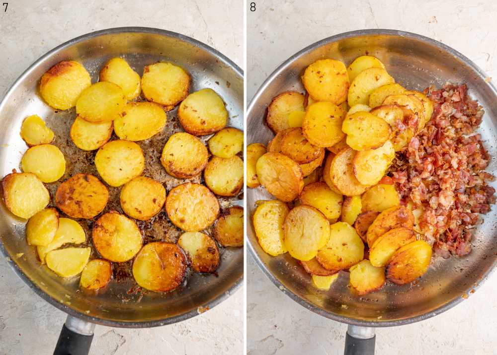 Browned sliced potatoes in a pan.