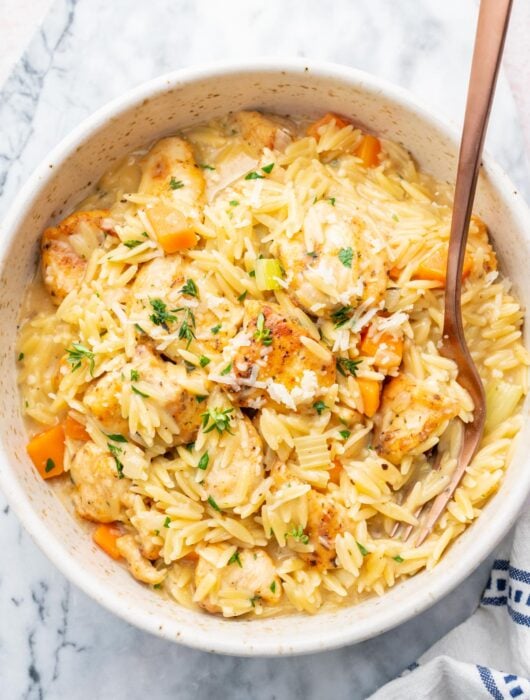 Creamy chicken orzo in a white plate.