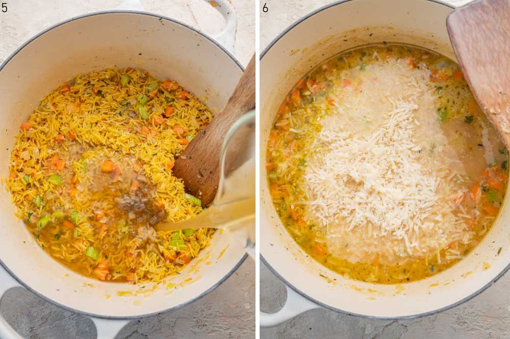 Broth is being added to orzo pasta in a pot. Creamy orzo with parmesan in a pot.