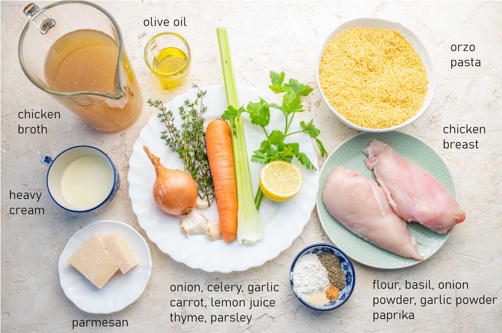 Labeled ingredients for creamy chicken orzo.