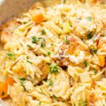 Creamy chicken orzo pinnable image.