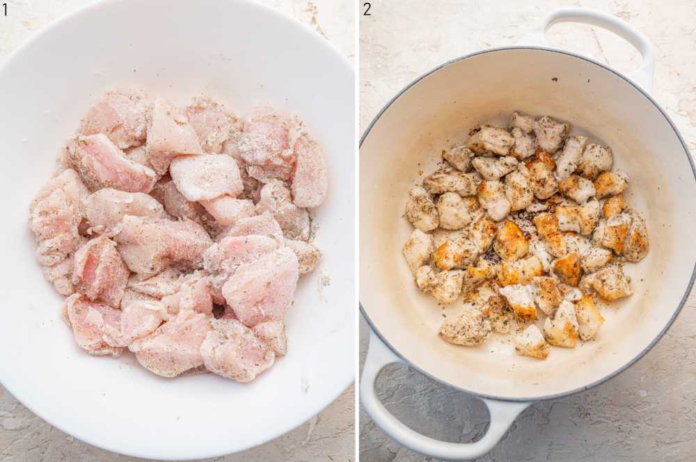 Chicken breast with spices in a white bowl. Pan-fried chicken in a white pot.